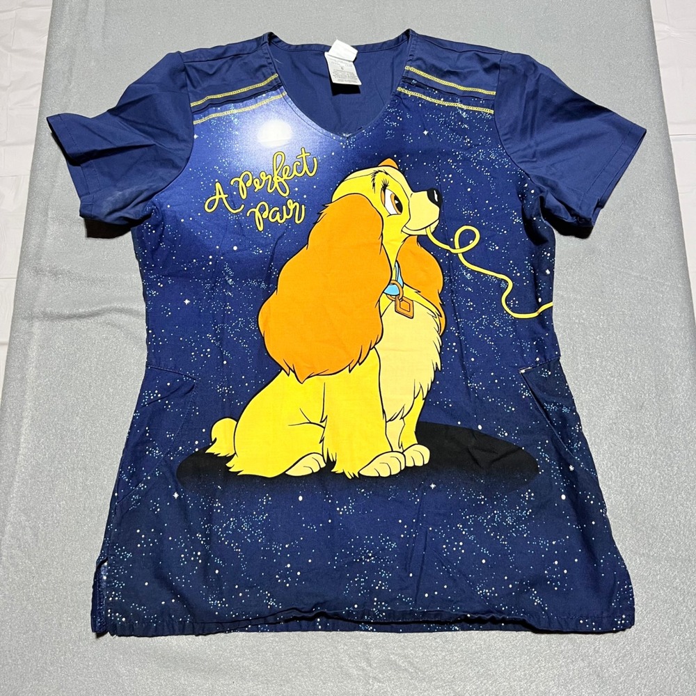 Disney Lady and the Tramp Scrub Top Navy Blue V-Neck Starry Night TF639 Small